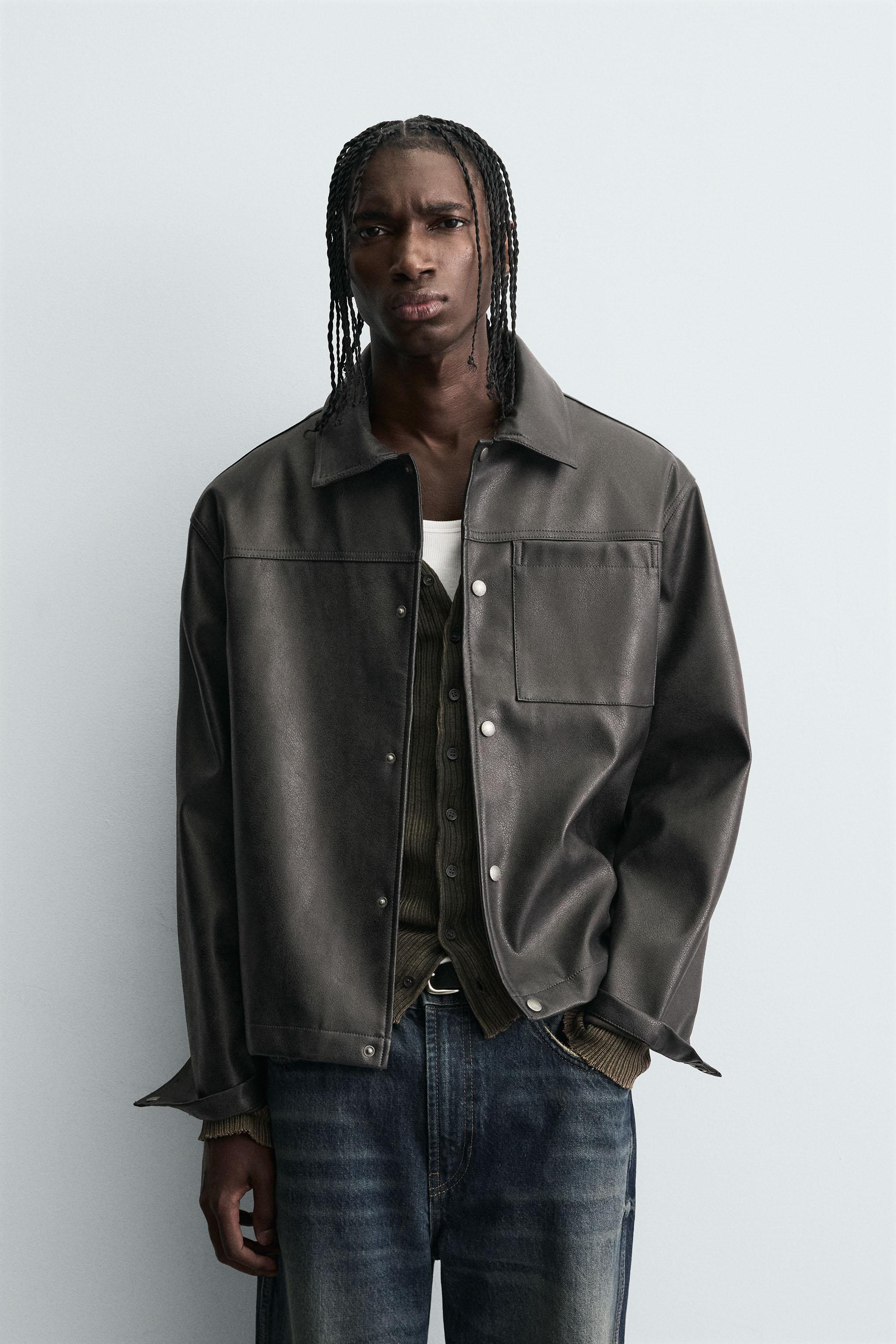 WASHED FAUX LEATHER OVERSHIRT